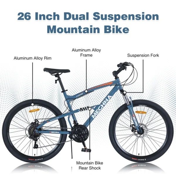 26 inch Mountain Bike, 21-Speed, Dual Suspension, Rear shock, Aluminum Alloy Frame for Men Women's Bike, Blue - Image 2