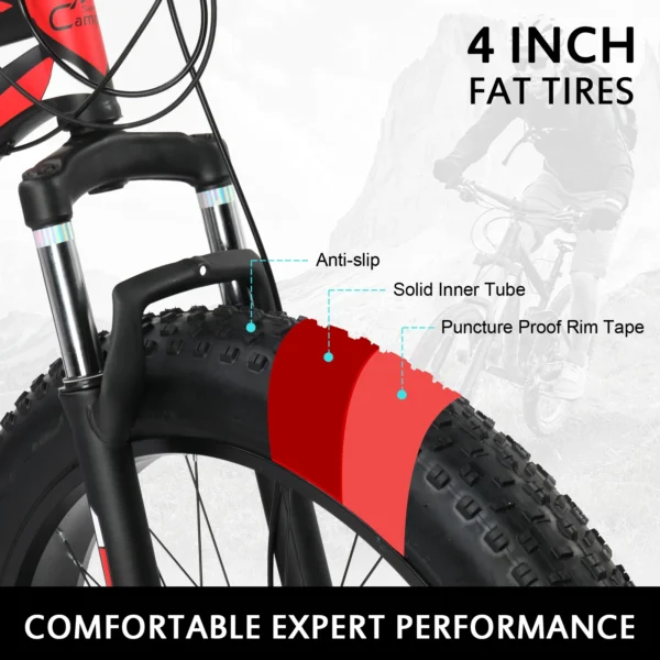 Zimtown 26" Fat Tire Mountain Bike, 21 Speed with High Carbon Steel Frame, Double Disc Brake, Black,Red - Image 2