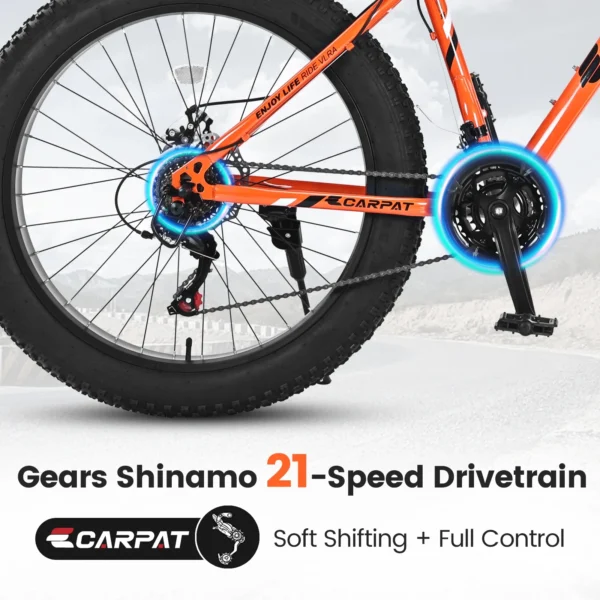 26" Fat Tire Bike for Adults, 21 Speed,High Carbon Steel Frame,Orange - Image 3