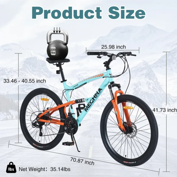 26 inch Mountain Bike, 21-Speed, Dual Suspension, Rear shock, Aluminum Alloy Frame for Men Women's Bike, Cyan - Image 3