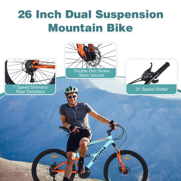26 inch Mountain Bike, 21-Speed, Dual Suspension, Rear shock, Aluminum Alloy Frame for Men Women's Bike, Cyan - Image 4