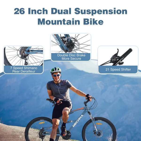 26 inch Mountain Bike, 21-Speed, Dual Suspension, Rear shock, Aluminum Alloy Frame for Men Women's Bike, Blue - Image 4