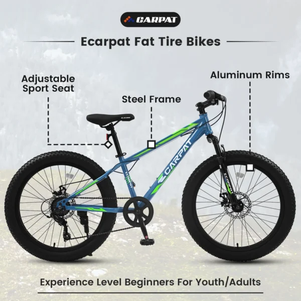 Ambifirner 24 Inch Fat Tire Bike Adult/Youth Full Shimano 7 Speeds Mountain Bike, Dual Disc Brake,Snow Wide Tire Adult Bicycle Mountain Trail Bike, Urban Commuter City Bicycle - Image 3