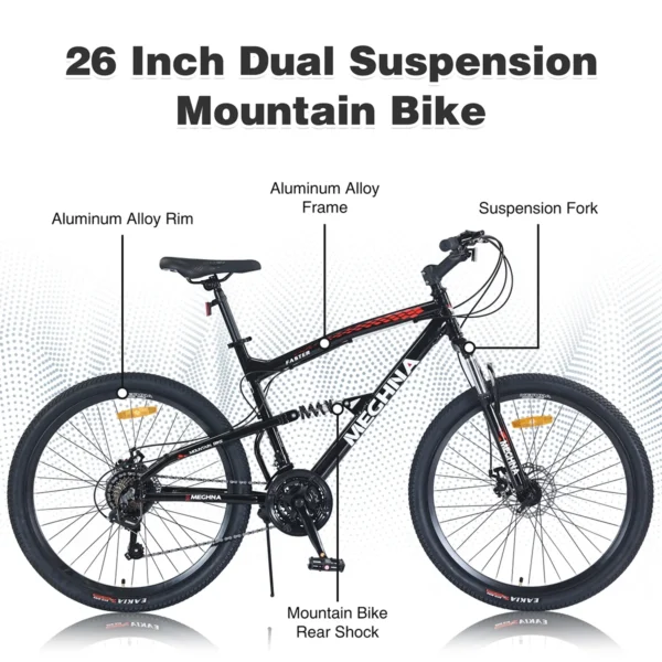 26 inch Mountain Bike, 21-Speed, Dual Suspension, Rear shock, Aluminum Alloy Frame for Men Women's Bike, Black - Image 2