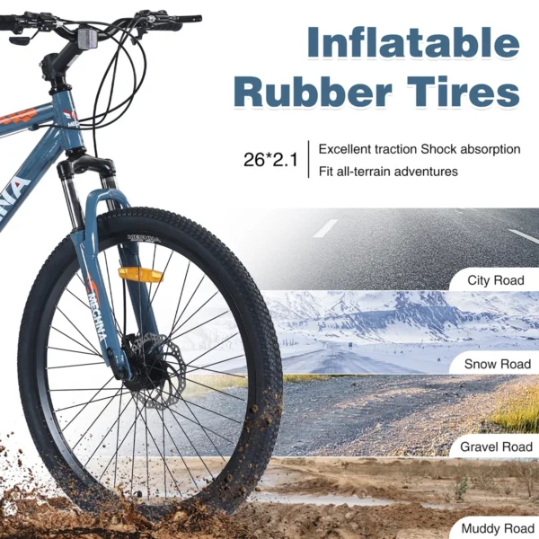 26 inch Mountain Bike, 21-Speed, Dual Suspension, Rear shock, Aluminum Alloy Frame for Men Women's Bike, Blue - Image 3