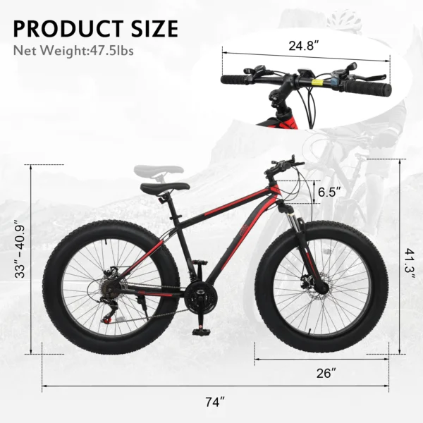 Zimtown 26" Fat Tire Mountain Bike, 21 Speed with High Carbon Steel Frame, Double Disc Brake, Black,Red - Image 4