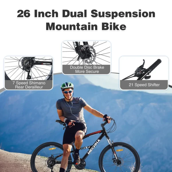 26 inch Mountain Bike, 21-Speed, Dual Suspension, Rear shock, Aluminum Alloy Frame for Men Women's Bike, Black - Image 3
