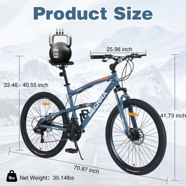 26 inch Mountain Bike, 21-Speed, Dual Suspension, Rear shock, Aluminum Alloy Frame for Men Women's Bike, Blue - Image 5