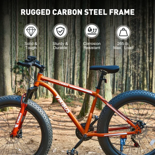 VIRIBUS 26" Fat Tire Mountain Bike with Front Suspension 21 Speeds & Disc Brakes Orange - Image 3